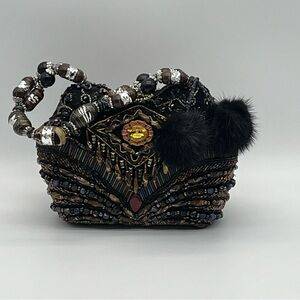 Vintage Mitchie's Beaded Handbag Purse Evening Bag Black Jeweled Multicolor